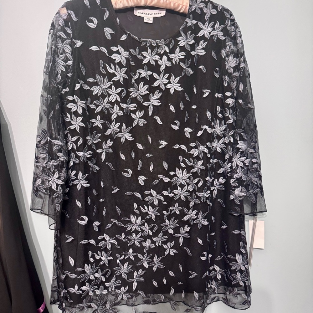 Caroline Rose Black Sheer Top with White Floral Design